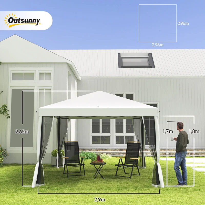 Outsunny Carpa Plegable 3x3 m Cenador de Jardín con 4 Paredes Laterales de Malla 8 Orificios de Drenaje Impermeable y Bolsa de Transporte Gazebo para Exterior Jardín Patio Fiestas Blanco