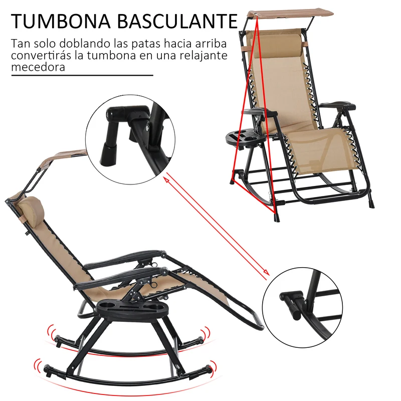 Outsunny Silla Mecedora de Jardín Plegable Tumbona Reclinable con Techo Protección Solar Reposacabezas Extraíble y Reposapiés Estructura de Acero 120x67x102 cm Beige
