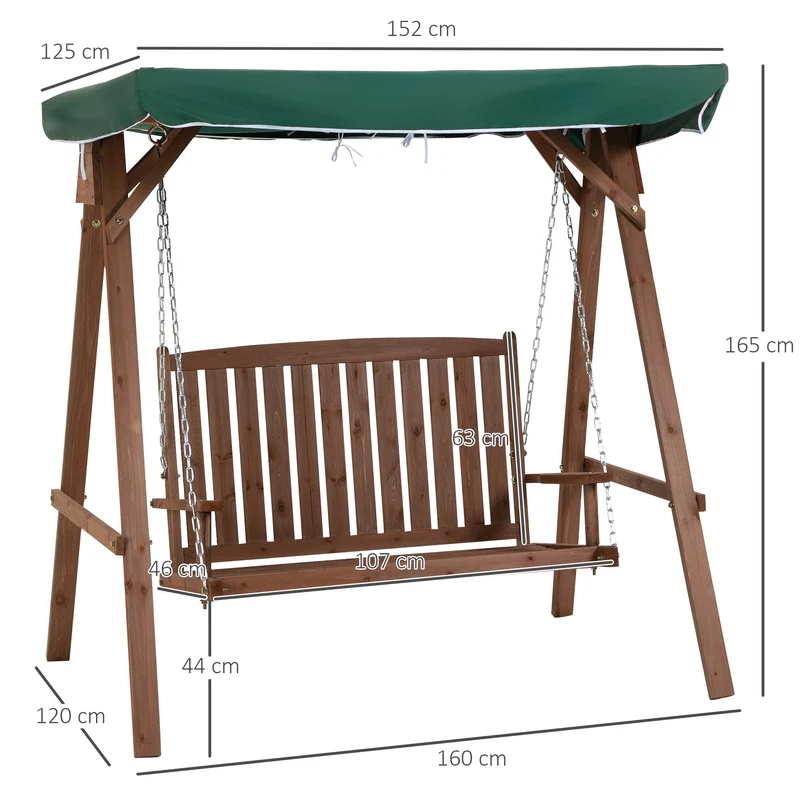 Outsunny Banco Columpio de Jardín de Madera con Dosel Verde 160x120x165 cm Carga 227 kg Balancín para Patio Jardín Terraza Exterior Protección Solar Marrón