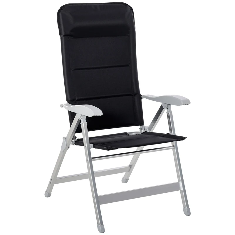 Outsunny Silla de Jardín Plegable Portátil de Aluminio con Respaldo Alto Ajustable en 7 Posiciones y Reposacabezas Acolchado para Exterior Terraza Camping 75x61,5x114,5 cm Negro