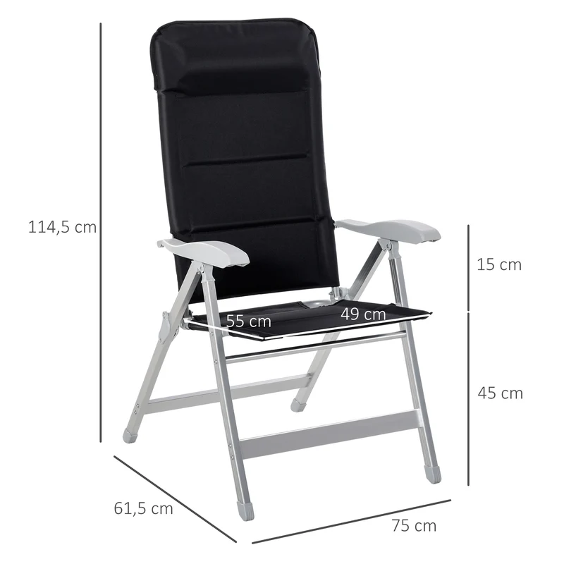 Outsunny Silla de Jardín Plegable Portátil de Aluminio con Respaldo Alto Ajustable en 7 Posiciones y Reposacabezas Acolchado para Exterior Terraza Camping 75x61,5x114,5 cm Negro