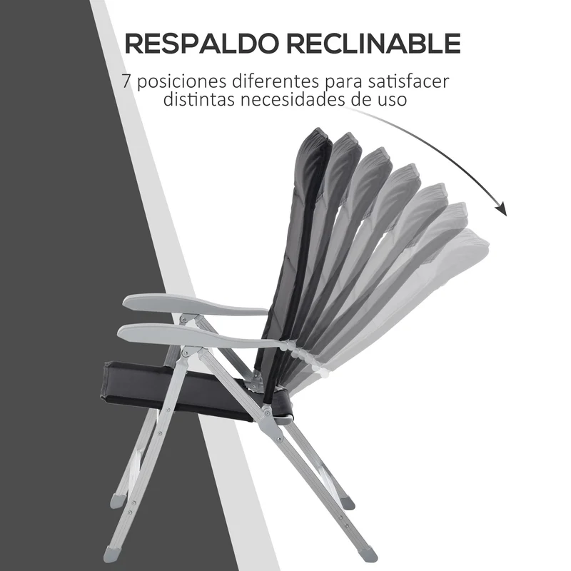 Outsunny Silla de Jardín Plegable Portátil de Aluminio con Respaldo Alto Ajustable en 7 Posiciones y Reposacabezas Acolchado para Exterior Terraza Camping 75x61,5x114,5 cm Negro