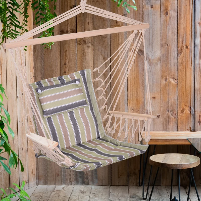 Outsunny Silla Colgante Estampado Rayas Hamaca con Cojín Reposacabezas para Interior Exterior 100x106 cm Carga Máx. 100 kg