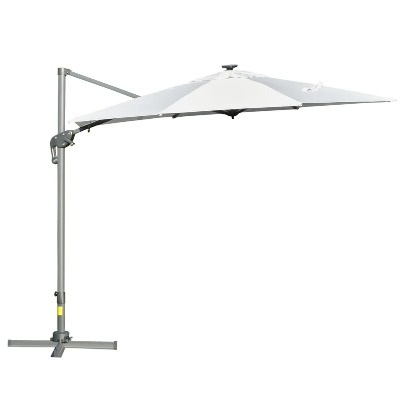 Outsunny Sombrilla de Jardín Ø3 m Sombrilla de Terraza de Aluminio con Luces LED Panel Solar Techo Reclinable Protección UV 50+ Giratorio 360° Manivela Base Cruzada Blanco