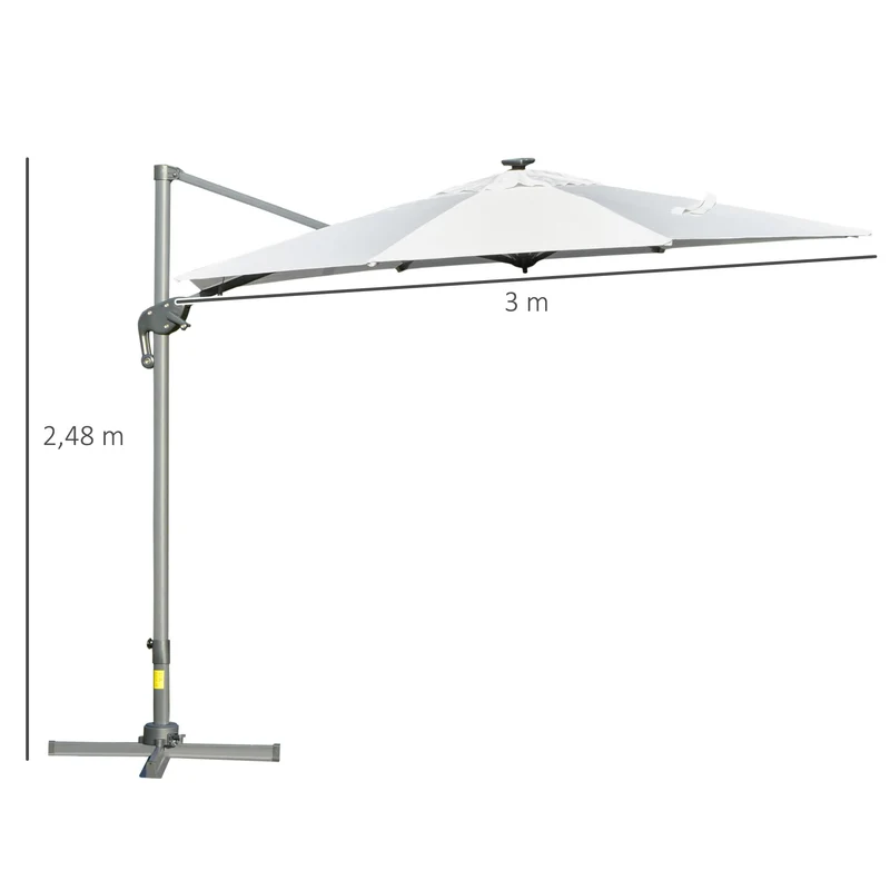 Outsunny Sombrilla de Jardín Ø3 m Sombrilla de Terraza de Aluminio con Luces LED Panel Solar Techo Reclinable Protección UV 50+ Giratorio 360° Manivela Base Cruzada Blanco