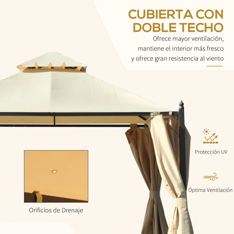 Outsunny Cenador de Jardín 3x3m Gazebo con Doble Techo 4 Cortinas Laterales Mejor Ventilación Exterior Espacioso para Fiesta Eventos Barbacoa Beige
