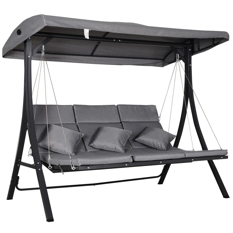 Outsunny Balancín con Toldo Ajustable de 3 Plazas Columpio de Jardín con Dosel Cojines para Exterior Terraza Patio Carga 270 kg 200x115x168 cm Gris