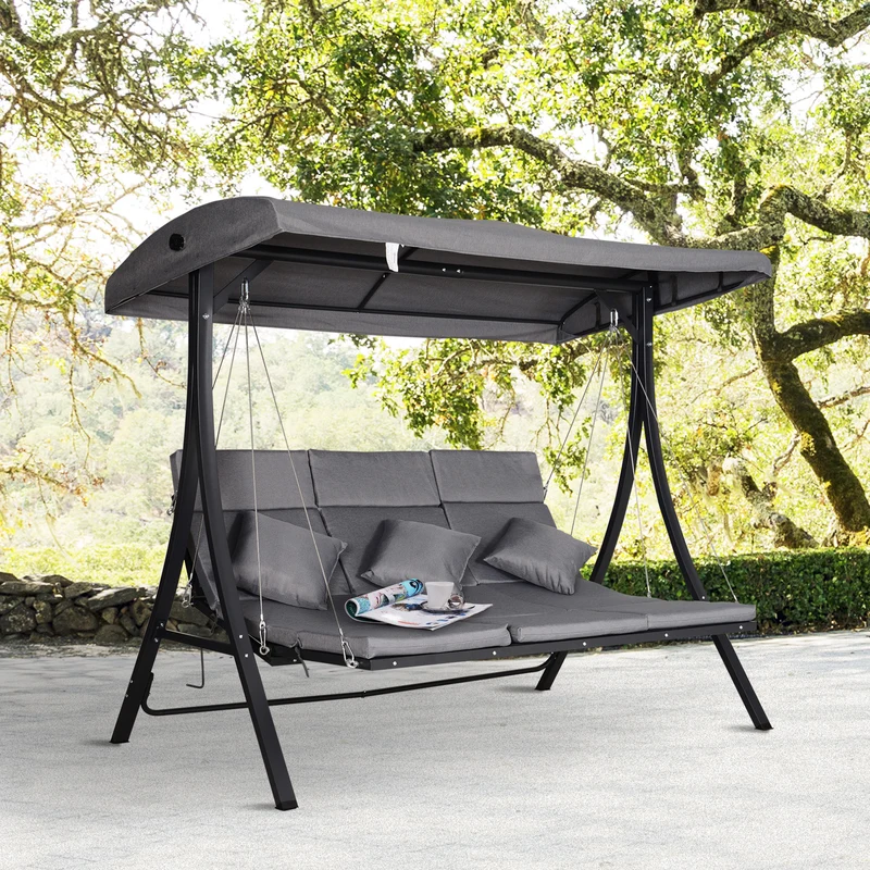 Outsunny Balancín con Toldo Ajustable de 3 Plazas Columpio de Jardín con Dosel Cojines para Exterior Terraza Patio Carga 270 kg 200x115x168 cm Gris