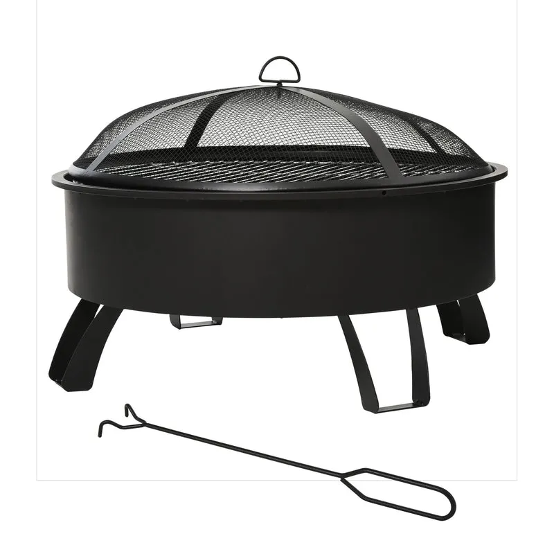 Outsunny Brasero Exterior Ø76x49,5 cm 2 EN 1 Profundidad del Cuenco 18 cm con Rejilla de Cocina Parrilla para Barbacoa Calefacción Tapa de Malla Atizador de Fuego para Patio Jardín Negro