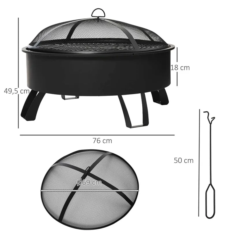 Outsunny Brasero Exterior Ø76x49,5 cm 2 EN 1 Profundidad del Cuenco 18 cm con Rejilla de Cocina Parrilla para Barbacoa Calefacción Tapa de Malla Atizador de Fuego para Patio Jardín Negro