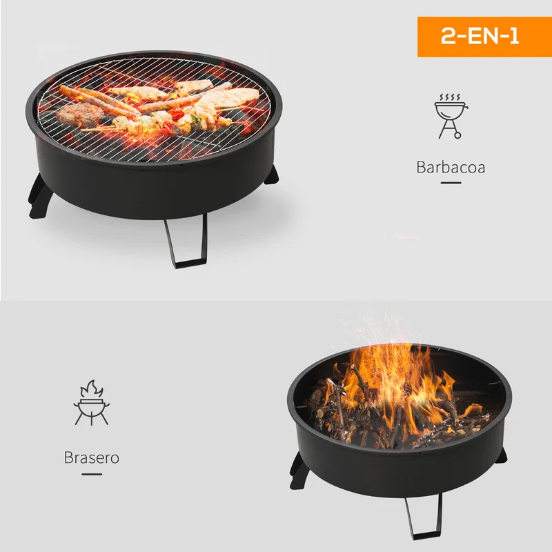 Outsunny Brasero Exterior Ø76x49,5 cm 2 EN 1 Profundidad del Cuenco 18 cm con Rejilla de Cocina Parrilla para Barbacoa Calefacción Tapa de Malla Atizador de Fuego para Patio Jardín Negro
