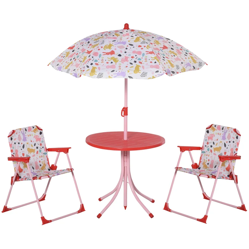 Outsunny Set de Mesa y Sillas Exterior Infantil Conjunto de Picnic Plegable para Jardín Juego de Mesa con Sombrilla Ajustable 100-125 cm Protección de UV Rojo