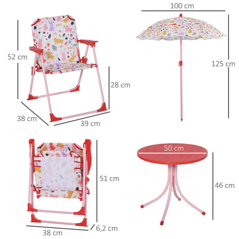 Outsunny Set de Mesa y Sillas Exterior Infantil Conjunto de Picnic Plegable para Jardín Juego de Mesa con Sombrilla Ajustable 100-125 cm Protección de UV Rojo