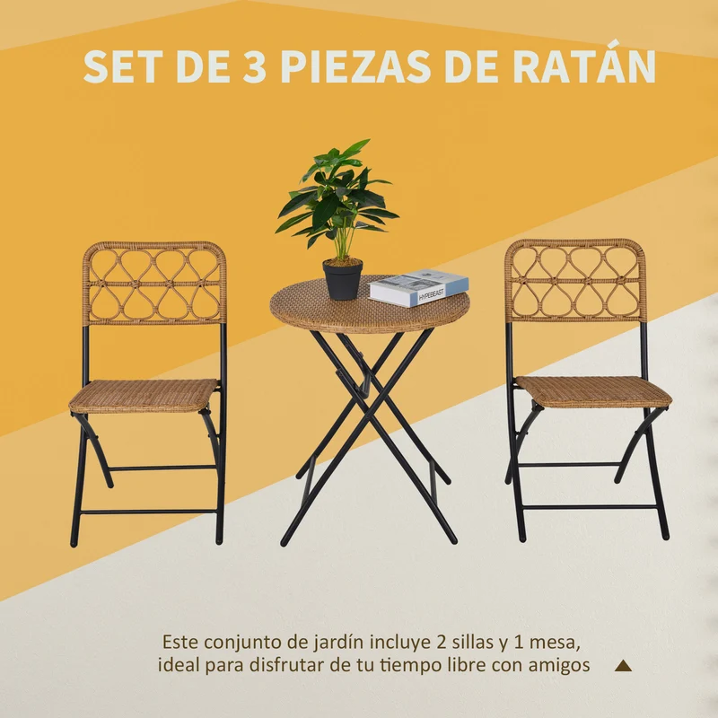 Outsunny Conjunto de Mesa y 2 Sillas Plegables de Ratán con Respaldo para Jardín Terraza Exterior Estructura de Acero Ø60x71 cm y 46x56x83 cm Madera Natural