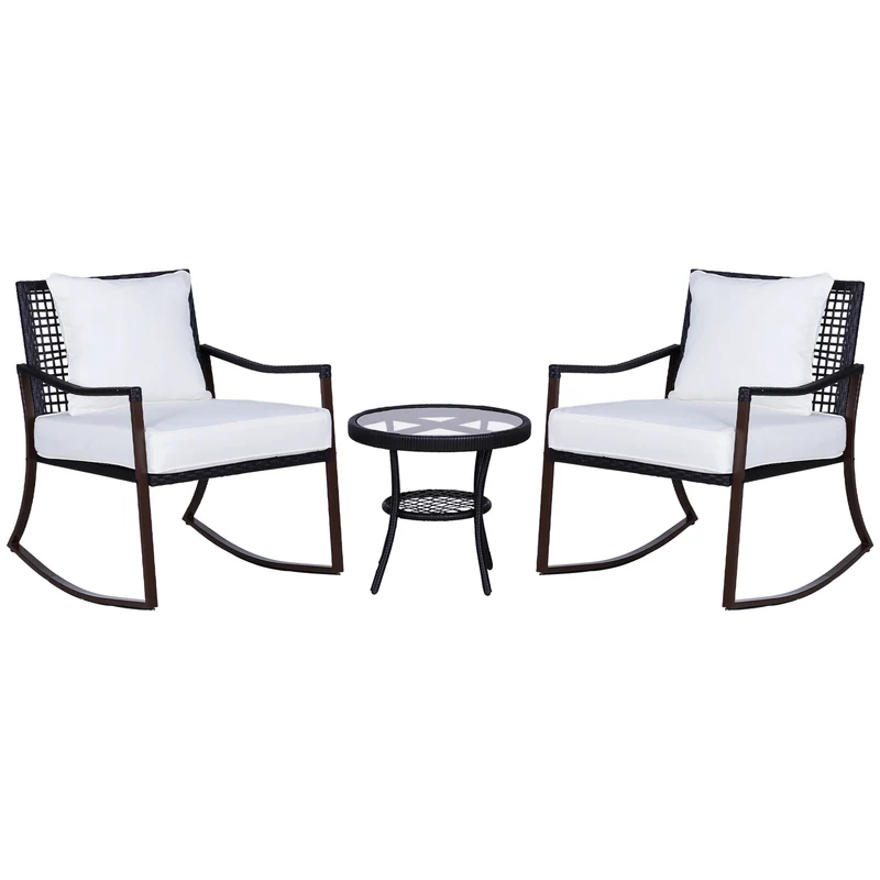 Outsunny Conjunto de Muebles de Ratán para Jardín Patio Hotel con Mesa Ø51x46 cm y 2 Sillas Mecedoras 65,5x76x82,5 cm con Cojines Lavables y Almohadas Blanco y Marrón