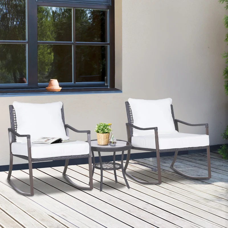 Outsunny Conjunto de Muebles de Ratán para Jardín Patio Hotel con Mesa Ø51x46 cm y 2 Sillas Mecedoras 65,5x76x82,5 cm con Cojines Lavables y Almohadas Blanco y Marrón
