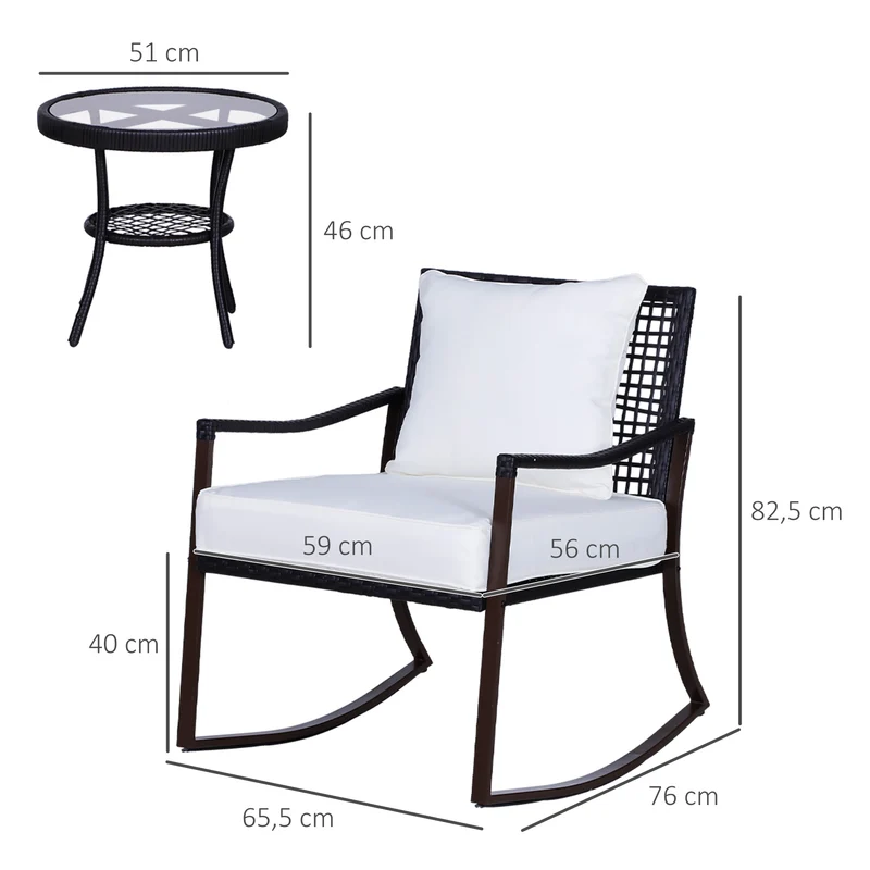 Outsunny Conjunto de Muebles de Ratán para Jardín Patio Hotel con Mesa Ø51x46 cm y 2 Sillas Mecedoras 65,5x76x82,5 cm con Cojines Lavables y Almohadas Blanco y Marrón