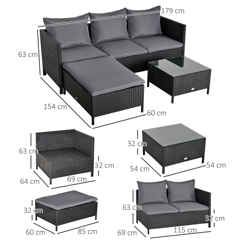 Outsunny Conjunto de Muebles de Jardín 4 Piezas Ratán Doble Sofá Mesa de Café Taburete con Cojines Acolchados para Exteriores Marco de Metal Negro