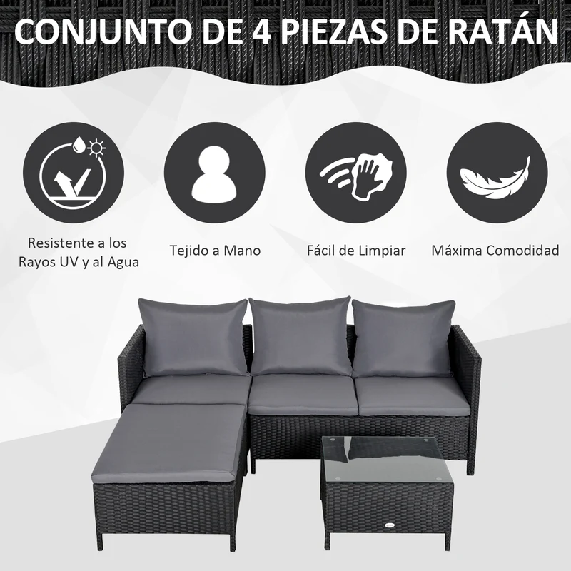 Outsunny Conjunto de Muebles de Jardín 4 Piezas Ratán Doble Sofá Mesa de Café Taburete con Cojines Acolchados para Exteriores Marco de Metal Negro