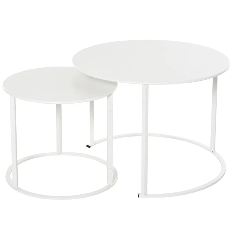 Outsunny Juego de 2 Mesas de Café Ø70x50 cm y Φ50x43 cm Mesitas Auxiliares Redondas de Metal para Jardín Salón Domitorio Carga Máxima de 25 kg Blanco