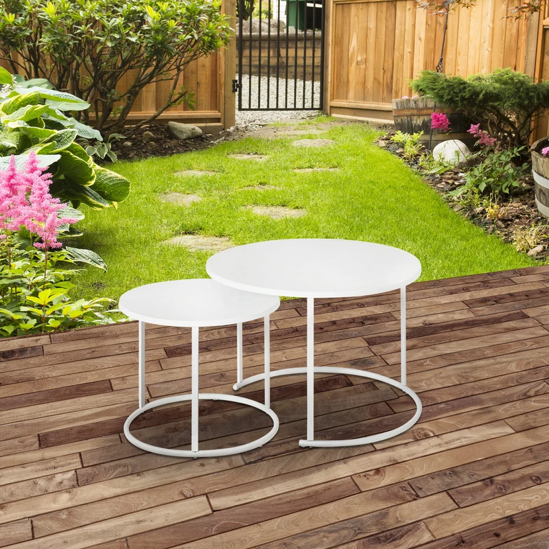 Outsunny Juego de 2 Mesas de Café Ø70x50 cm y Φ50x43 cm Mesitas Auxiliares Redondas de Metal para Jardín Salón Domitorio Carga Máxima de 25 kg Blanco