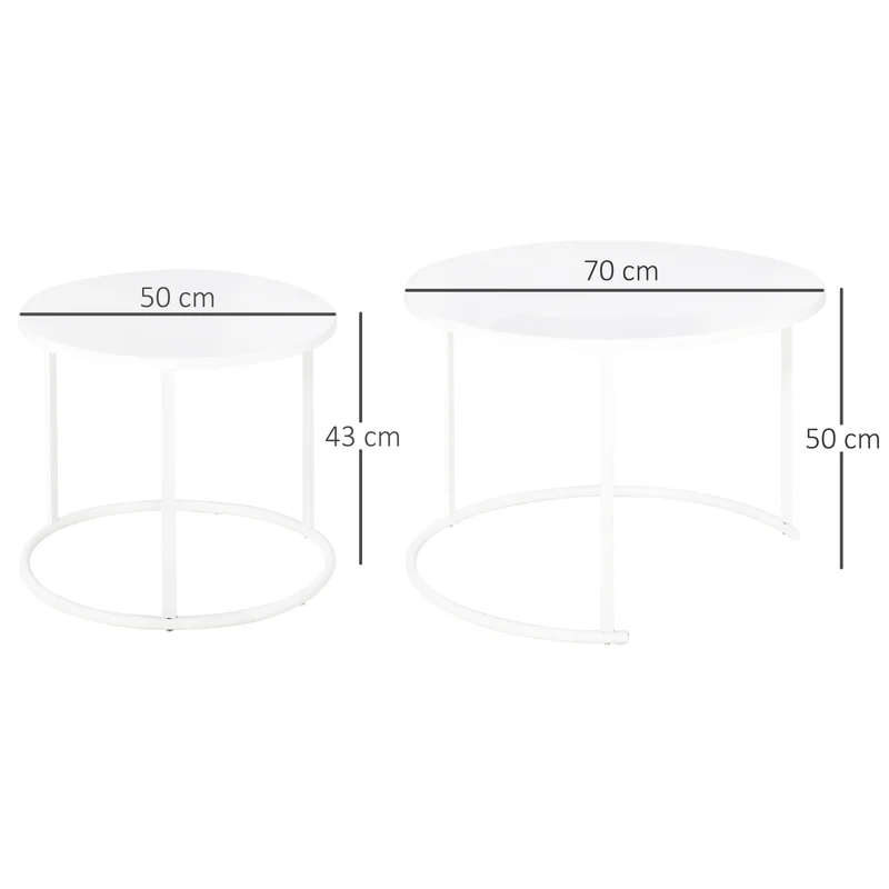 Outsunny Juego de 2 Mesas de Café Ø70x50 cm y Φ50x43 cm Mesitas Auxiliares Redondas de Metal para Jardín Salón Domitorio Carga Máxima de 25 kg Blanco