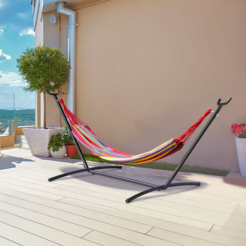 Outsunny Hamaca con Soporte de Acero Hamaca para Jardín Portátil con Altura Ajustable en 6 Niveles y Bolsa de Transporte para Patio Carga 120 kg 200x150 cm Multicolor