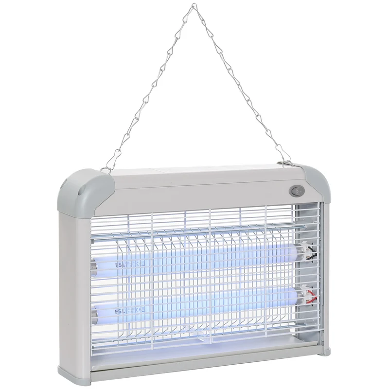 Outsunny Lámpara Anti-mosquitos Lámpara Mata Insectos Eléctrico Luz Ultravioleta 20W con 2 Tubos Área de Acción 60m² Interiores Exteriores 39x7,5x26,5 cm Blanco