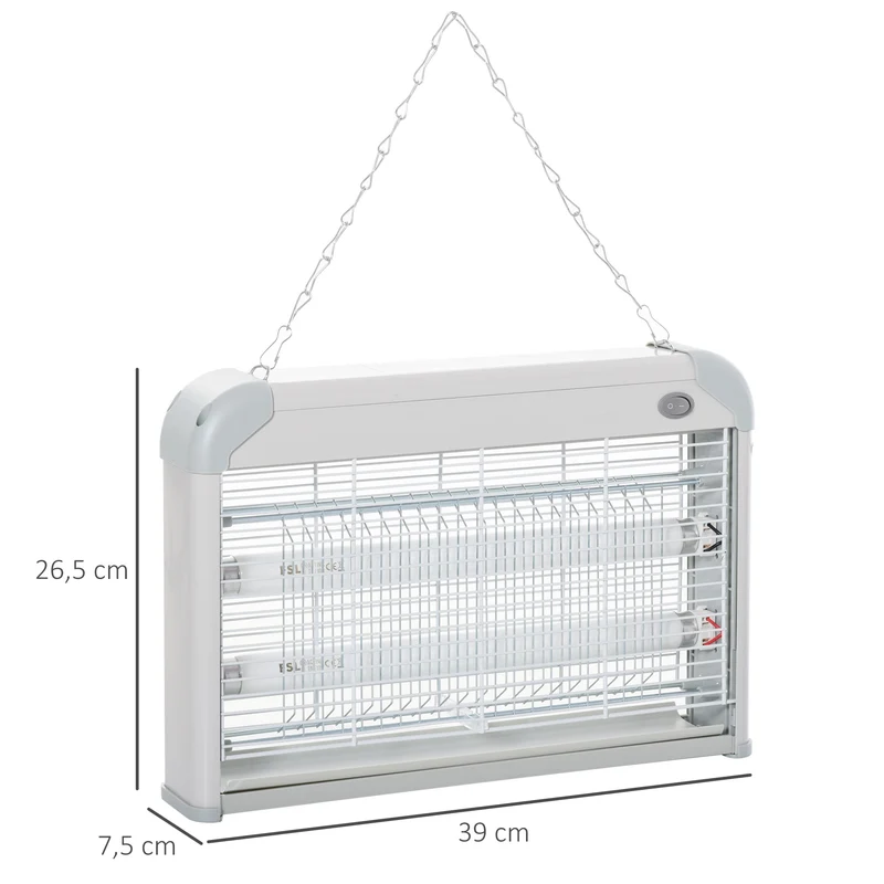 Outsunny Lámpara Anti-mosquitos Lámpara Mata Insectos Eléctrico Luz Ultravioleta 20W con 2 Tubos Área de Acción 60m² Interiores Exteriores 39x7,5x26,5 cm Blanco
