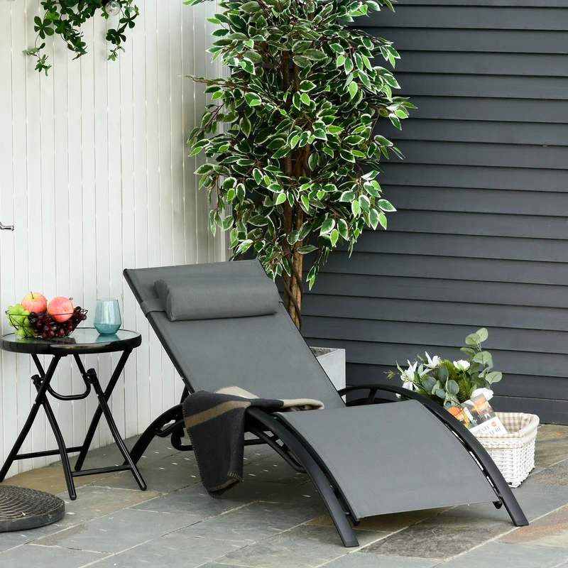 Outsunny Tumbona Reclinable de Aluminio con Respaldo Ajustable en 5 Posiciones y Reposacabezas Extraíble Acolchado Texteline para Jardín Terraza Balcón 171x64x82 cm Gris