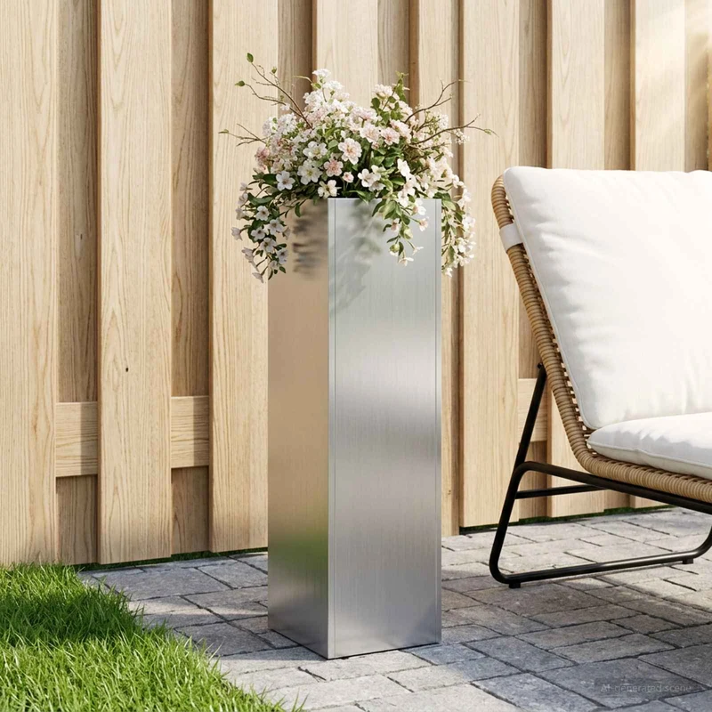 Macetero De Jardín Plateado 20 X 20 X 75 Cm Acero Galvanizado