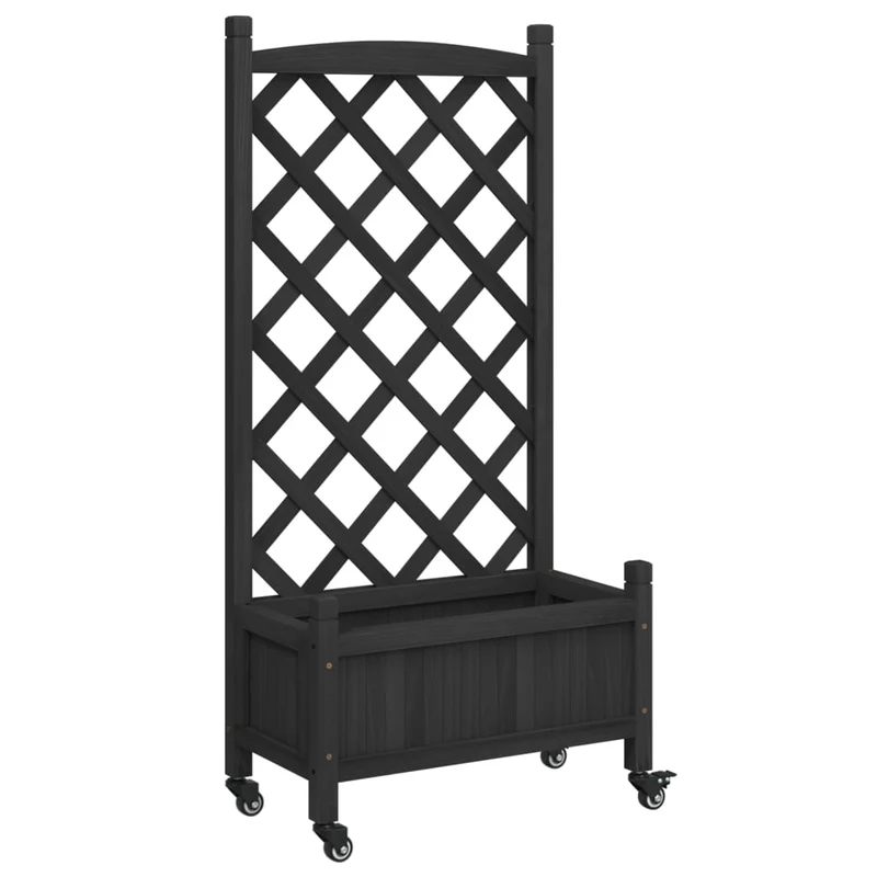 Jardinera Con Enrejado Y Ruedas Madera Maciza De Abeto Negro