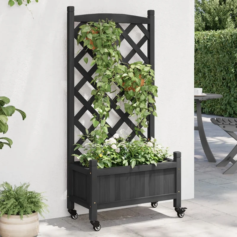 Jardinera Con Enrejado Y Ruedas Madera Maciza De Abeto Negro