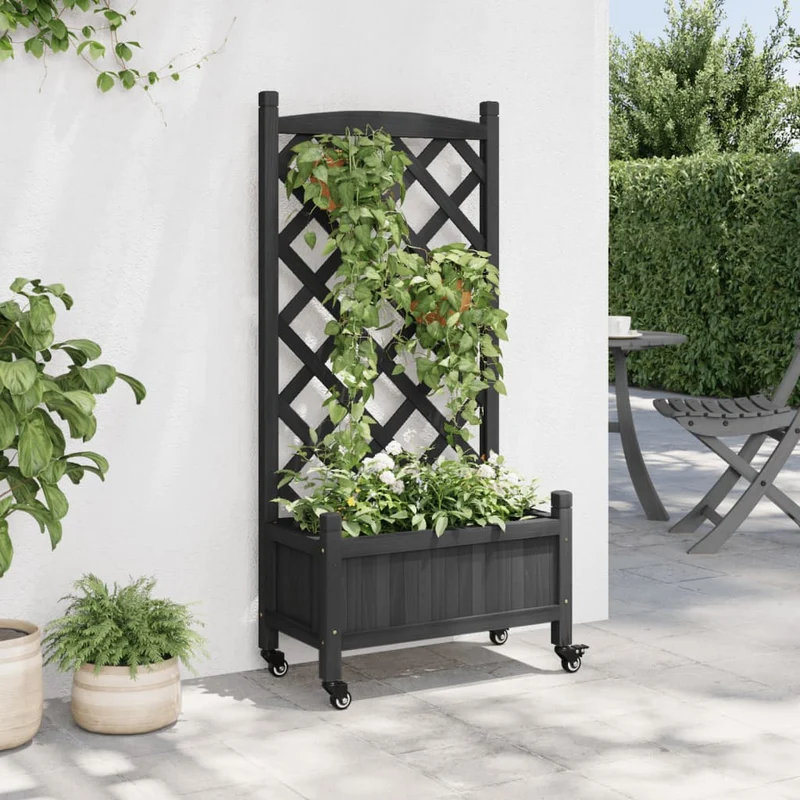 Jardinera Con Enrejado Y Ruedas Madera Maciza De Abeto Negro