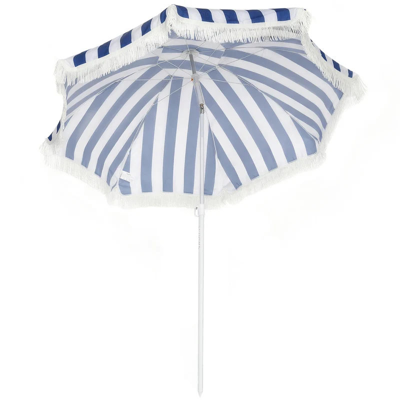 Outsunny Sombrilla De Playa Con Flecos Ø180 Cm Altura Ajustable, Inclinación 30°