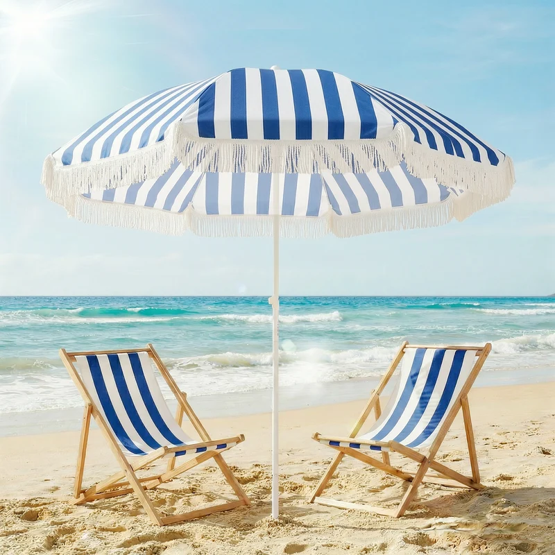 Outsunny Sombrilla De Playa Con Flecos Ø180 Cm Altura Ajustable, Inclinación 30°