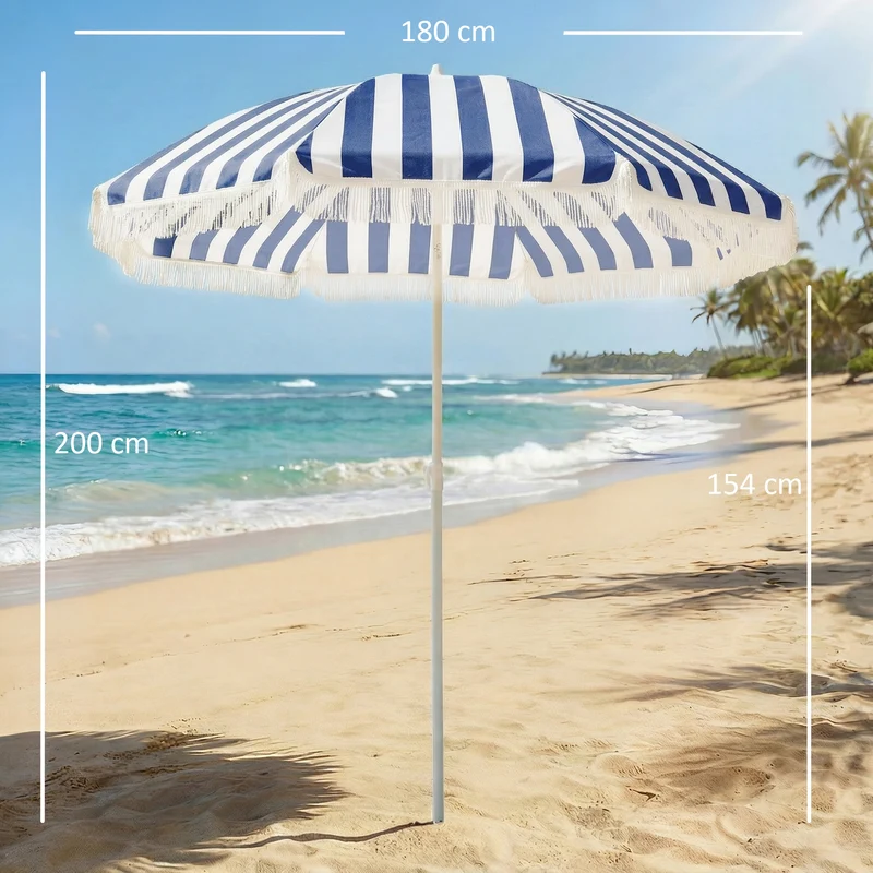 Outsunny Sombrilla De Playa Con Flecos Ø180 Cm Altura Ajustable, Inclinación 30°