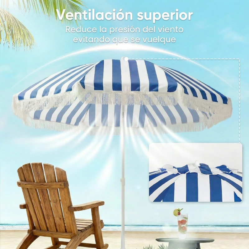 Outsunny Sombrilla De Playa Con Flecos Ø180 Cm Altura Ajustable, Inclinación 30°