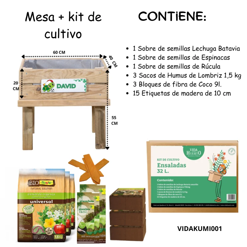 Mesa De Cultivo Infantil De Madera Con Kit De Cultivo De Ensaladas | Vidahuerto