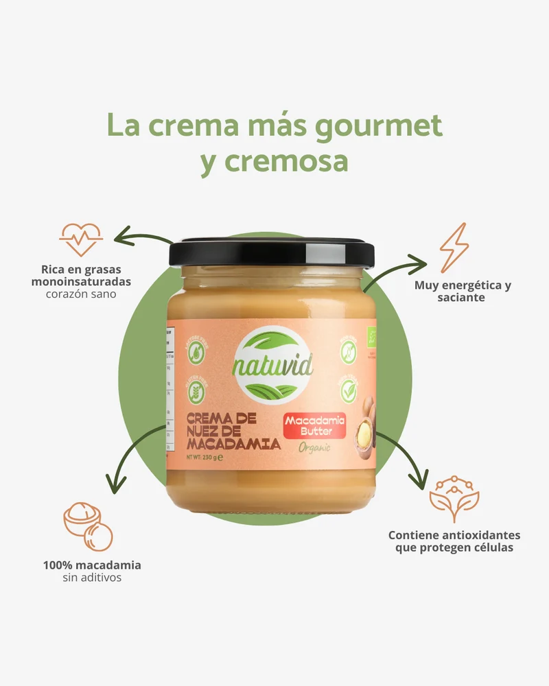 Crema de Nuez de Macadamia BIO Natuvid | 230gr | Sin Gluten, Sin Lactosa | 100% Natural y Vegana| NON-GMO