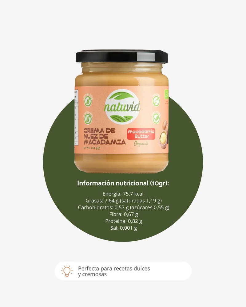 Crema de Nuez de Macadamia BIO Natuvid | 230gr | Sin Gluten, Sin Lactosa | 100% Natural y Vegana| NON-GMO