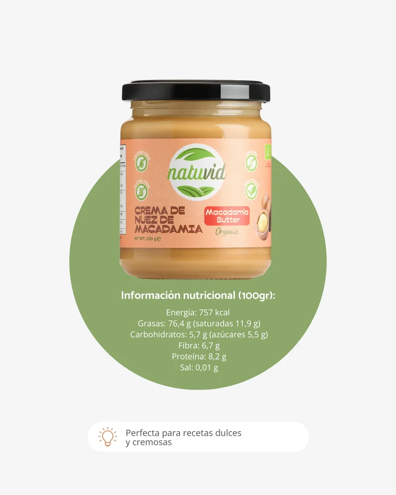 Crema de Nuez de Macadamia BIO Natuvid | 230gr | Sin Gluten, Sin Lactosa | 100% Natural y Vegana| NON-GMO