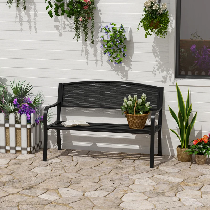 Outsunny Banco De Jardín De 2 Plazas Carga 240 Kg Para Patio 127x60x87 Cm Negro