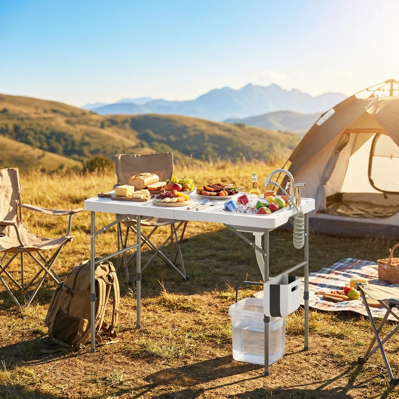 Outsunny Mesa Plegable Camping Con Fregadero Y Altura Regulable