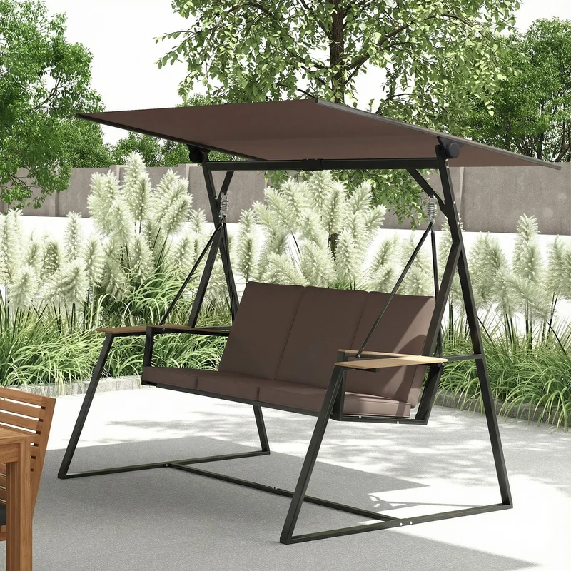 Outsunny Columpio De Jardín Exterior De 3 Plazas Con Techo Ajustable 2 Bandejas