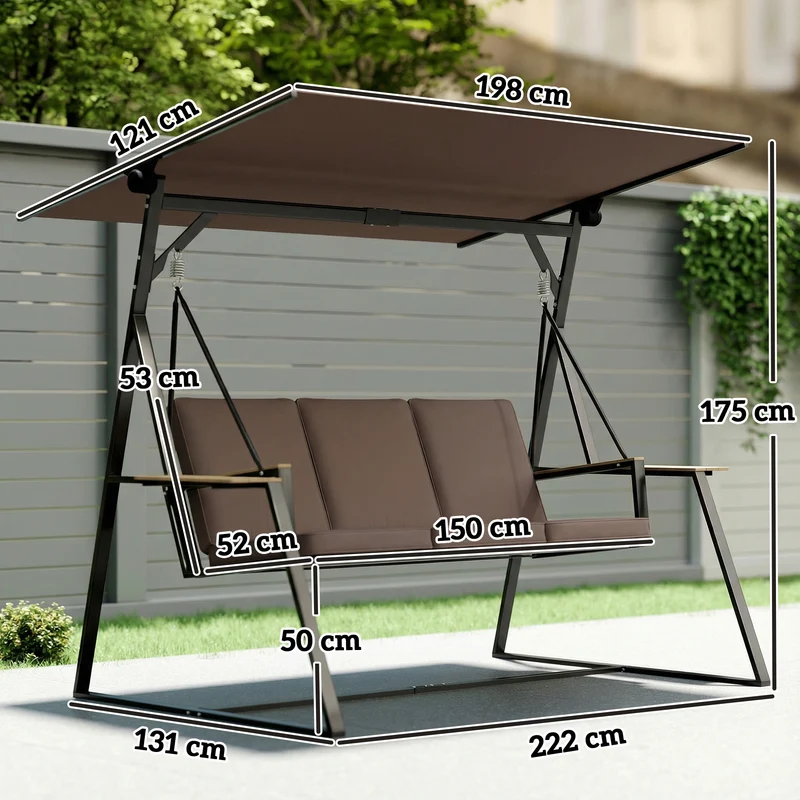 Outsunny Columpio De Jardín Exterior De 3 Plazas Con Techo Ajustable 2 Bandejas