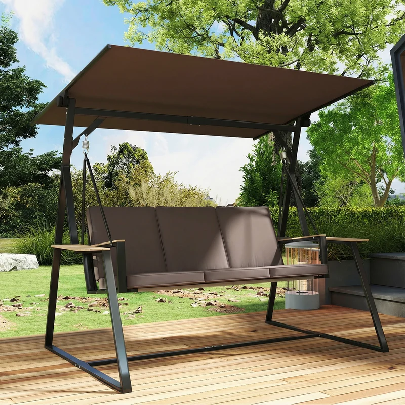 Outsunny Columpio De Jardín Exterior De 3 Plazas Con Techo Ajustable 2 Bandejas