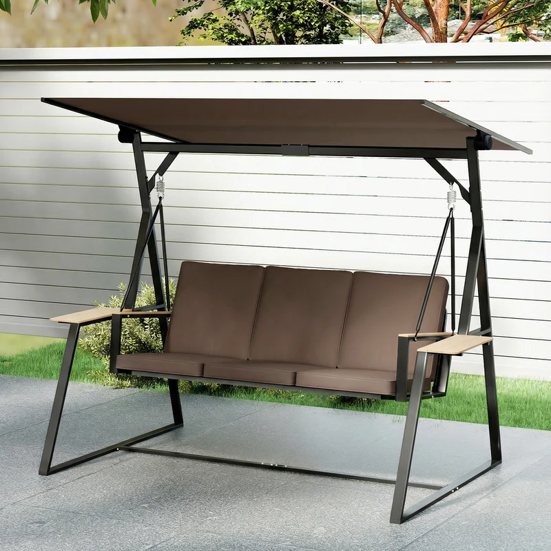 Outsunny Columpio De Jardín Exterior De 3 Plazas Con Techo Ajustable 2 Bandejas
