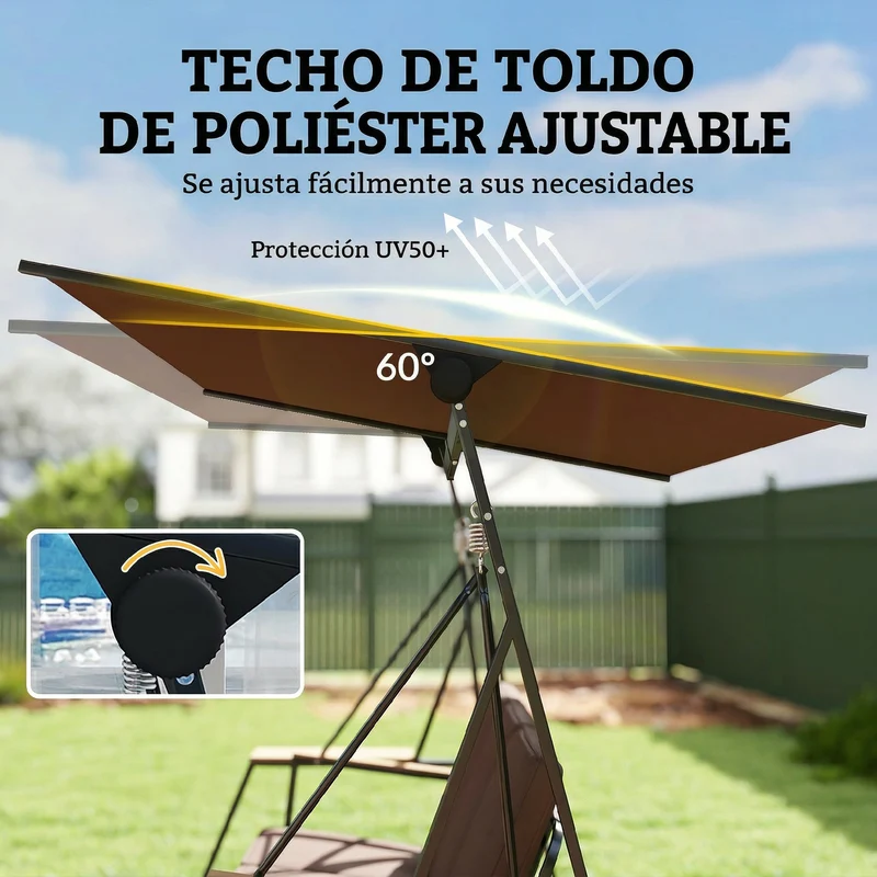 Outsunny Columpio De Jardín Exterior De 3 Plazas Con Techo Ajustable 2 Bandejas