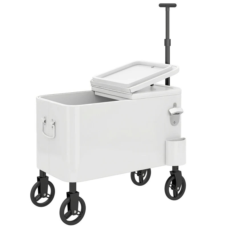 Outsunny Carrito Nevera De 56l Con Ruedas Mango Ajustable Abrebotellas Blanco